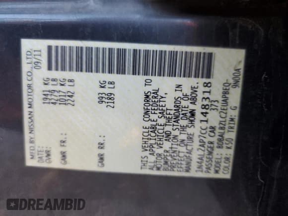 ✅ 2012 Nissan Altima S • VIN: 1N4AL2AP7CC148318 • Lot: 91266165. Listed on Copart with 135,182 mi. Free auction sales archive from the USA and detailed vehicle history report at DreamBid. Image 12.