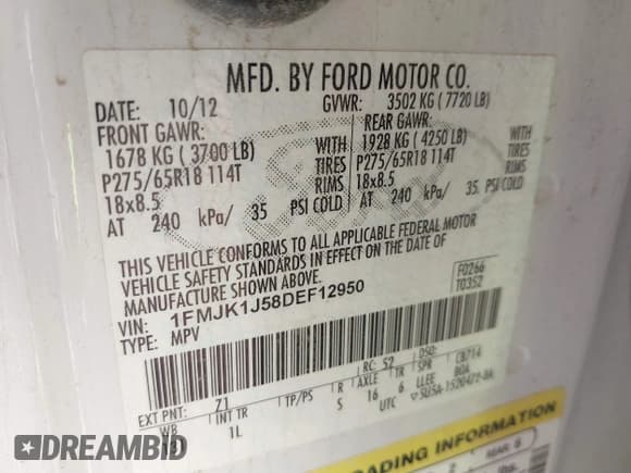 ✅ 2013 Ford Expedition Max XLT • VIN: 1FMJK1J58DEF12950 • Лот: 40992286. Опубликован ранее на IAAI с пробегом 185 786 миль. Бесплатный доступ к архиву аукционных продаж из США и подробный отчёт об истории автомобиля на DreamBid. Изображение 9.