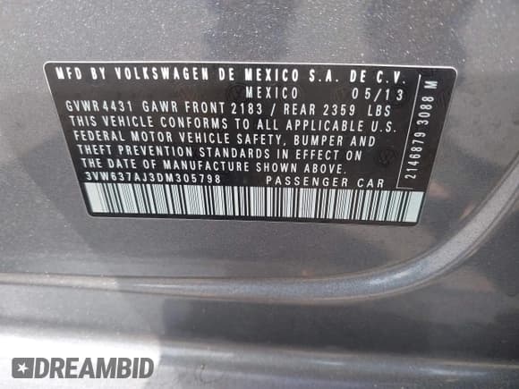 ✅ 2013 Volkswagen Jetta Hybrid SE • VIN: 3VW637AJ3DM305798 • Lot: 42736297. Listed on IAAI with 156,972 mi. Free auction sales archive from the USA and detailed vehicle history report at DreamBid. Image 9.