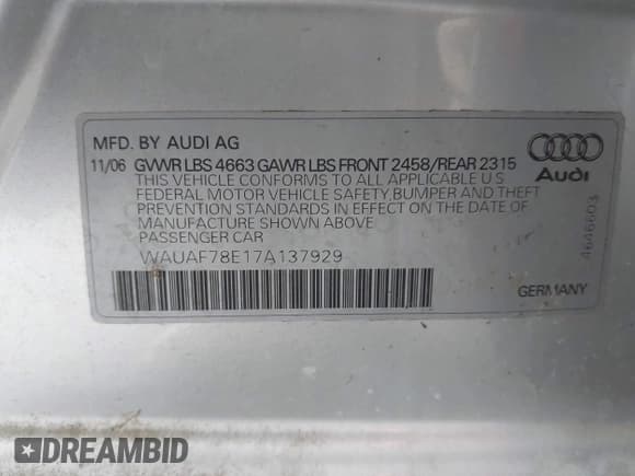 ✅ 2007 Audi A4 2.0T • VIN: WAUAF78E17A137929 • Lot: 43452116. Wystawiony na IAAI z przebiegiem 159 732 mil. Bezpłatny archiwum sprzedaży aukcyjnych z USA i szczegółowy raport historii pojazdu na DreamBid. Zdjęcie 9.