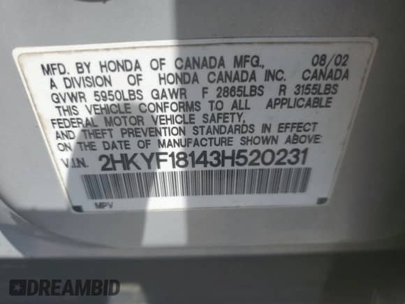 2003 Honda Pilot LX with VIN 2HKYF18143H520231, listed as a Copart auction lot 63579115 with Not provided miles and Salvage title. Bid and sale history available at DreamBid. Image 13.