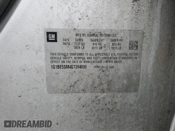 ✅ 2016 Chevrolet Cruze LT • VIN: 1G1BE5SM4G7284699 • Lot: 42061683. Listed on Copart with 116,324 mi. Free auction sales archive from the USA and detailed vehicle history report at DreamBid. Image 12.