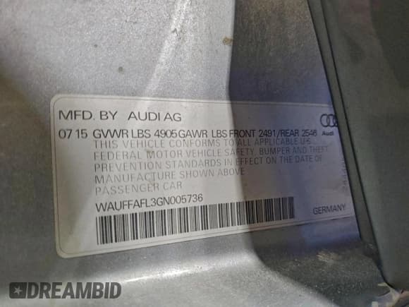 ✅ 2016 Audi A4 Premium Plus • VIN: WAUFFAFL3GN005736 • Lot: 94161685. Listed on Copart with 112,372 mi. Free auction sales archive from the USA and detailed vehicle history report at DreamBid. Image 12.