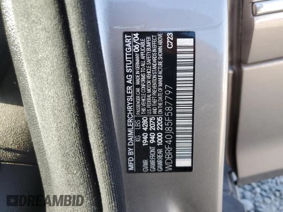 ✅ 2005 Mercedes-Benz C 230 Kompressor • VIN: WDBRF40J85F587797 • Lot: 83757985. Listed on Copart with 119,396 mi. Free auction sales archive from the USA and detailed vehicle history report at DreamBid. Image 12.