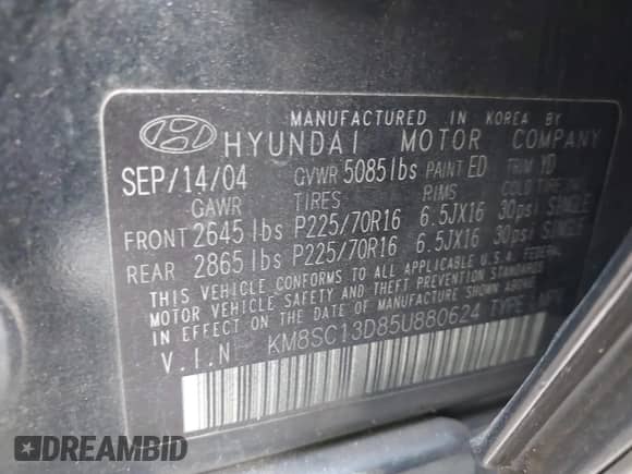 2005 Hyundai Santa Fe GLS z VIN KM8SC13D85U880624, wystawiony jako IAAI lot #41147951 z przebiegiem 171 029 mil mil oraz . Historia ofert i sprzedaży dostępna na DreamBid. Obrazek 9.