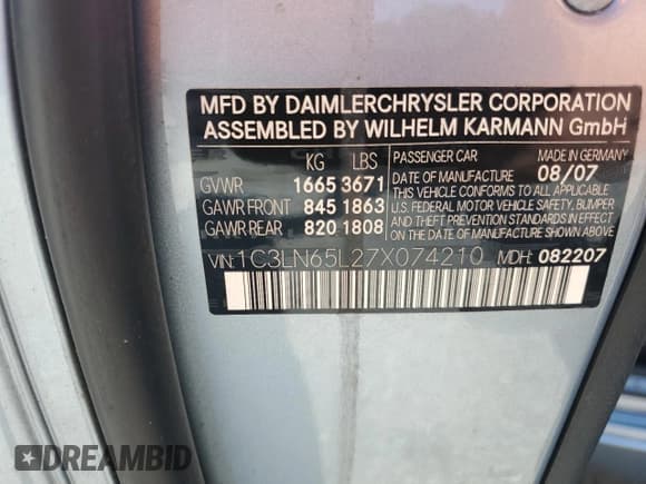 ✅ 2007 Chrysler Crossfire Limited • VIN: 1C3LN65L27X074210 • Лот: 62068935. Опубликован ранее на Copart с пробегом 135 377 миль. Бесплатный доступ к архиву аукционных продаж из США и подробный отчёт об истории автомобиля на DreamBid. Изображение 12.