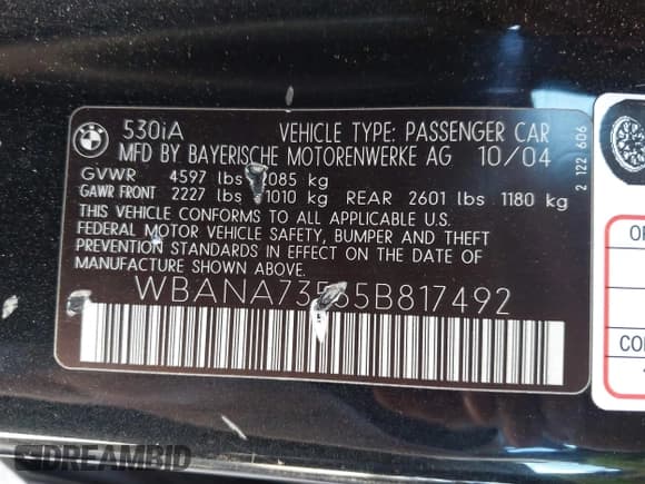✅ 2005 BMW 5 Series 530i • VIN: WBANA73555B817492 • Lot: 42774463. Wystawiony na IAAI z przebiegiem 186 143 mil. Bezpłatny archiwum sprzedaży aukcyjnych z USA i szczegółowy raport historii pojazdu na DreamBid. Zdjęcie 9.