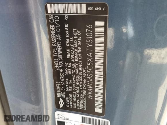 ✅ 2010 MINI Convertible S • VIN: WMWMS3C5XATY51076 • Lot: 48532735. Wystawiony na Copart z przebiegiem 104 901 mil. Bezpłatny archiwum sprzedaży aukcyjnych z USA i szczegółowy raport historii pojazdu na DreamBid. Zdjęcie 13.