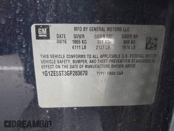 2016 Chevrolet Malibu LT z VIN 1G1ZE5ST3GF283670, wystawiony jako IAAI lot #43322512 z przebiegiem Nie podano mil oraz . Historia ofert i sprzedaży dostępna na DreamBid. Obrazek 9.