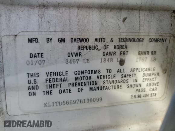 ✅ 2007 Chevrolet Aveo LS • VIN: KL1TD56697B138099 • Lot: 79316494. Wystawiony na Copart z przebiegiem 141 850 mil. Bezpłatny archiwum sprzedaży aukcyjnych z USA i szczegółowy raport historii pojazdu na DreamBid. Zdjęcie 15.