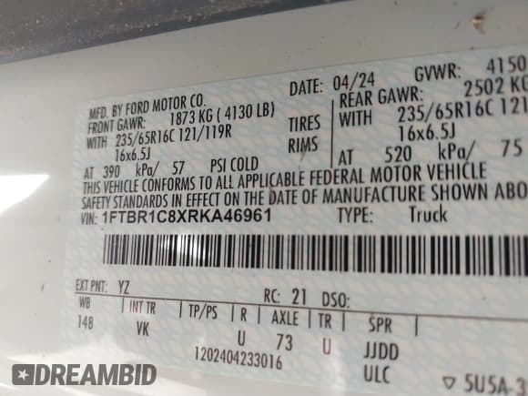 ✅ 2024 Ford Transit Cargo • VIN: 1FTBR1C8XRKA46961 • Lot: 41823255. Listed on IAAI with 4,292 mi. Free auction sales archive from the USA and detailed vehicle history report at DreamBid. Image 9.