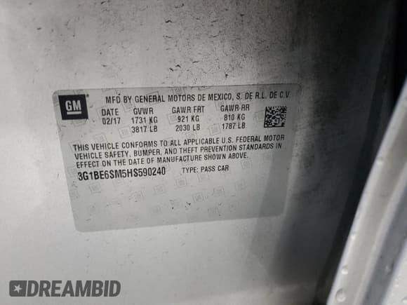 ✅ 2017 Chevrolet Cruze LT • VIN: 3G1BE6SM5HS590240 • Lot: 89673515. Listed on Copart with 349,996 mi. Free auction sales archive from the USA and detailed vehicle history report at DreamBid. Image 12.