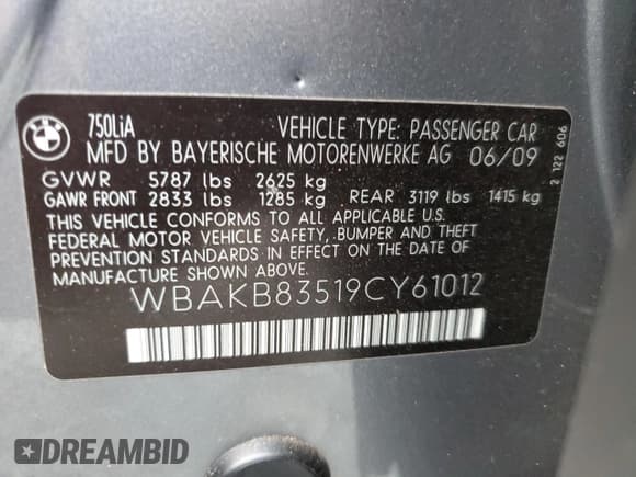 ✅ 2009 BMW 7 Series 750Li • VIN: WBAKB83519CY61012 • Lot: 78408614. Listed on Copart with 151,277 mi. Free auction sales archive from the USA and detailed vehicle history report at DreamBid. Image 12.