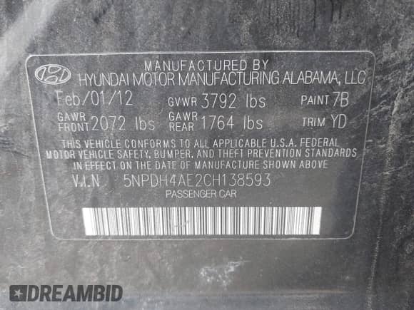 2012 Hyundai Elantra Limited with VIN 5NPDH4AE2CH138593, listed as a IAAI auction lot 43603554 with 60,752 mi miles and . Bid and sale history available at DreamBid. Image 9.