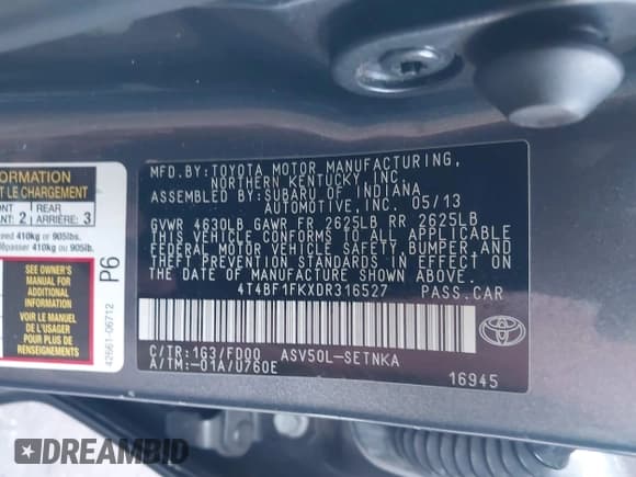 ✅ 2013 Toyota Camry LE • VIN: 4T4BF1FKXDR316527 • Lot: 43547337. Listed on IAAI with 112,101 mi. Free auction sales archive from the USA and detailed vehicle history report at DreamBid. Image 9.