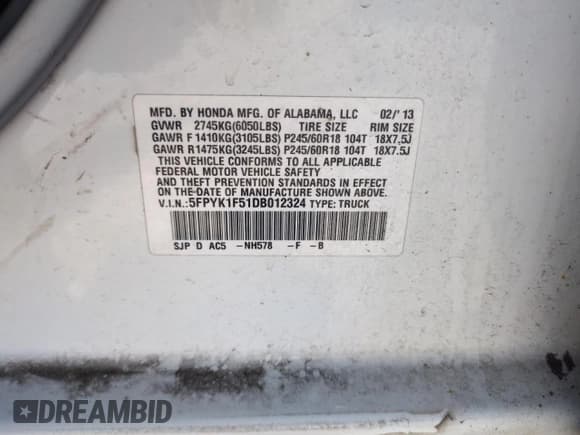 ✅ 2013 Honda Ridgeline RTL • VIN: 5FPYK1F51DB012324 • Lot: 63246745. Listed on Copart with 83,205 mi. Free auction sales archive from the USA and detailed vehicle history report at DreamBid. Image 12.