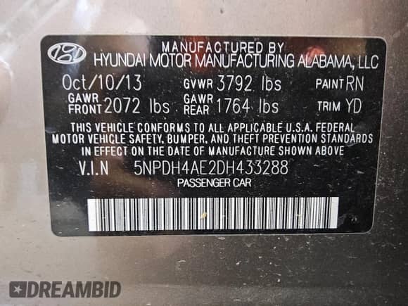 2013 Hyundai Elantra GLS with VIN 5NPDH4AE2DH433288, listed as a Copart auction lot 71536085 with 90,199 mi miles and Non repairable. Bid and sale history available at DreamBid. Image 12.