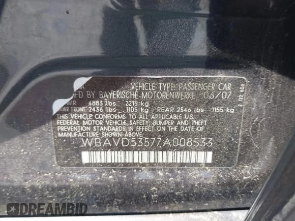 ✅ 2007 BMW 3 Series 335xi • VIN: WBAVD53577A008533 • Лот: 42292071. Опубликован ранее на IAAI с пробегом 168 425 миль. Бесплатный доступ к архиву аукционных продаж из США и подробный отчёт об истории автомобиля на DreamBid. Изображение 9.