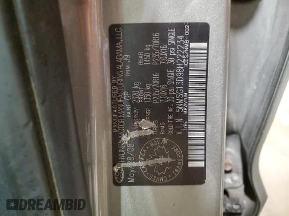 ✅ 2008 Hyundai Santa Fe GLS • VIN: 5NMSG13D98H222234 • Lot: 82017304. Listed on Copart with 300,253 mi. Free auction sales archive from the USA and detailed vehicle history report at DreamBid. Image 14.