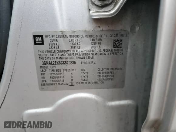 2012 Chevrolet Captiva Sport LS с VIN 3GNAL2EK8CS570835, выставлен на аукционе Copart как лот 86378934 с пробегом 160 410 миль миль и Чистый • Clean title. История ставок и продаж доступна на DreamBid. Изображение 12.