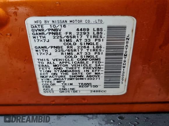 ✅ 2017 Nissan Rogue S • VIN: JN8AT2MT9HW130271 • Lot: 94347595. Listed on Copart with 172,725 mi. Free auction sales archive from the USA and detailed vehicle history report at DreamBid. Image 13.