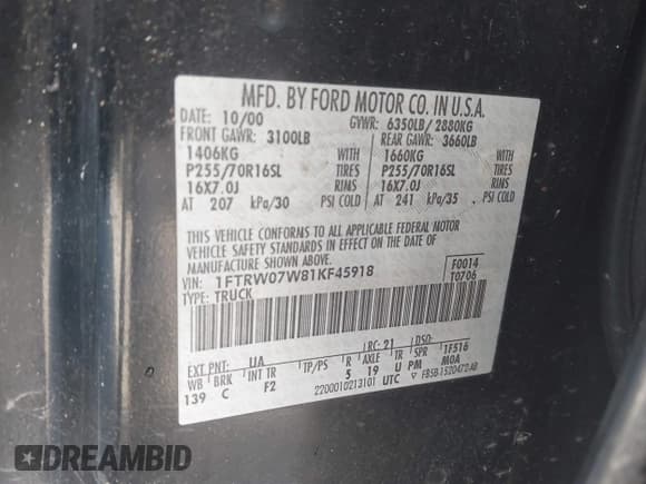 ✅ 2001 Ford F-150 XLT • VIN: 1FTRW07W81KF45918 • Лот: 43777465. Опубликован ранее на IAAI с пробегом Не указан. Бесплатный доступ к архиву аукционных продаж из США и подробный отчёт об истории автомобиля на DreamBid. Изображение 9.