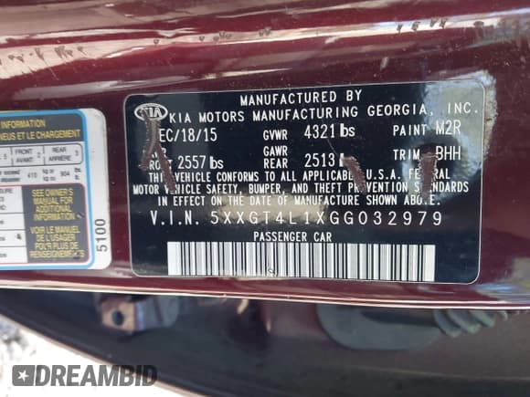 ✅ 2016 Kia Optima LX Turbo • VIN: 5XXGT4L1XGG032979 • Lot: 43684362. Listed on IAAI with 107,309 mi. Free auction sales archive from the USA and detailed vehicle history report at DreamBid. Image 9.