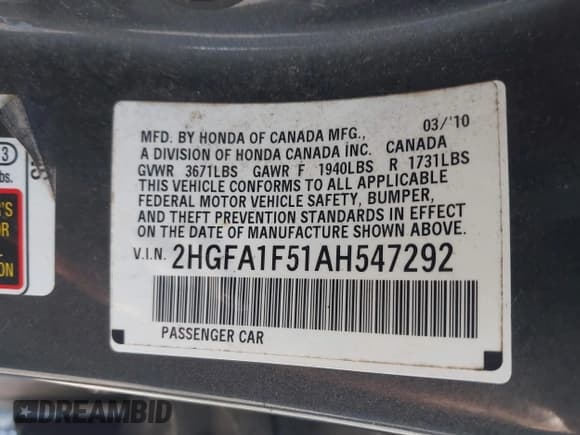 ✅ 2010 Honda Civic LX • VIN: 2HGFA1F51AH547292 • Lot: 43547748. Listed on IAAI with 252,056 mi. Free auction sales archive from the USA and detailed vehicle history report at DreamBid. Image 9.