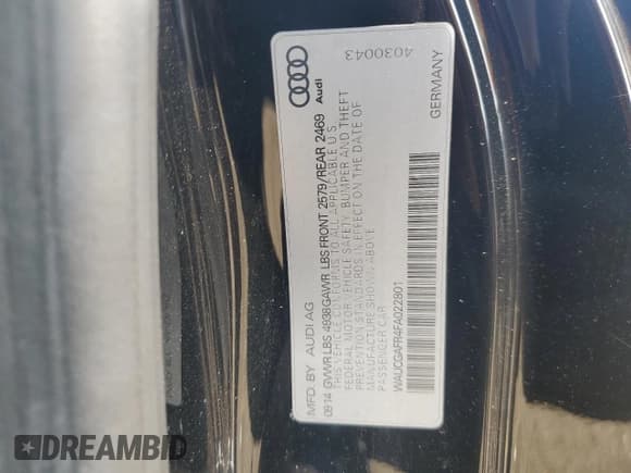 ✅ 2015 Audi S5 Premium Plus • VIN: WAUCGAFR4FA022801 • Lot: 67338615. Listed on Copart with 122,292 mi. Free auction sales archive from the USA and detailed vehicle history report at DreamBid. Image 12.