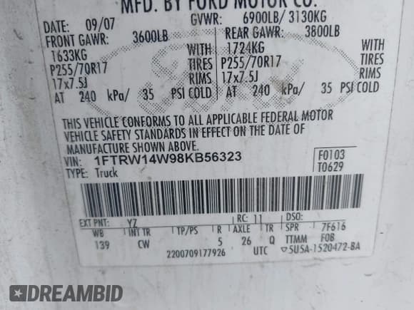 ✅ 2008 Ford F-150 XL • VIN: 1FTRW14W98KB56323 • Lot: 42258354. Listed on IAAI with Not provided. Free auction sales archive from the USA and detailed vehicle history report at DreamBid. Image 9.