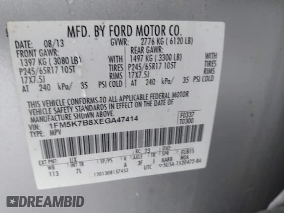 ✅ 2014 Ford Explorer • VIN: 1FM5K7B8XEGA47414 • Lot: 42497255. Listed on IAAI with 58,867 mi. Free auction sales archive from the USA and detailed vehicle history report at DreamBid. Image 9.