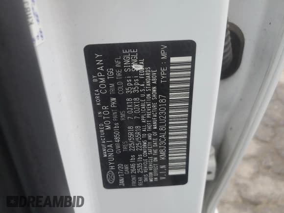 ✅ 2020 Hyundai Tucson Sport • VIN: KM8J3CAL8LU230187 • Lot: 85707305. Listed on Copart with Not provided. Free auction sales archive from the USA and detailed vehicle history report at DreamBid. Image 12.