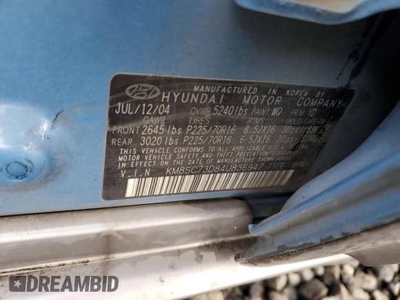 2004 Hyundai Santa Fe GLS с VIN KM8SC73D84U836947, выставлен на аукционе Copart как лот 43819265 с пробегом 153 487 миль миль и Списание • Salvage title. История ставок и продаж доступна на DreamBid. Изображение 14.