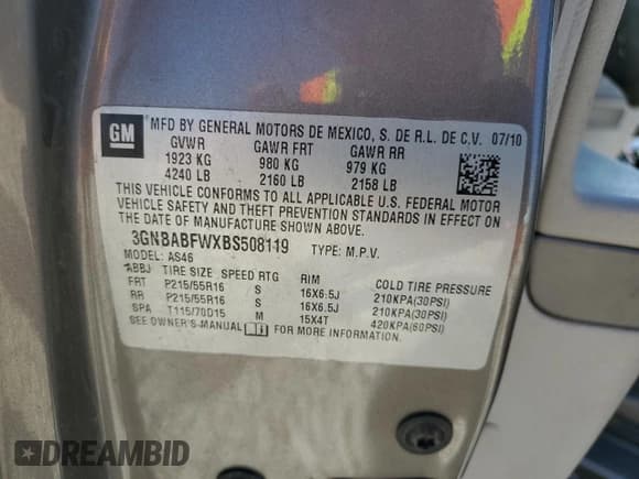 ✅ 2011 Chevrolet HHR 1LT • VIN: 3GNBABFWXBS508119 • Lot: 54295075. Listed on Copart with 150,357 mi. Free auction sales archive from the USA and detailed vehicle history report at DreamBid. Image 13.