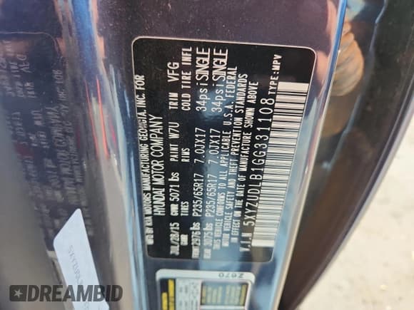 ✅ 2016 Hyundai Santa Fe • VIN: 5XYZUDLB1GG331108 • Lot: 80701485. Listed on Copart with 78,072 mi. Free auction sales archive from the USA and detailed vehicle history report at DreamBid. Image 13.