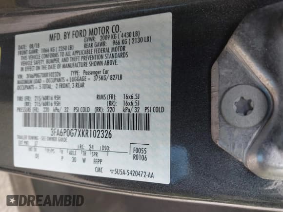 ✅ 2019 Ford Fusion S • VIN: 3FA6P0G7XKR102326 • Лот: 41920850. Опубликован ранее на IAAI с пробегом 93 002 миль. Бесплатный доступ к архиву аукционных продаж из США и подробный отчёт об истории автомобиля на DreamBid. Изображение 9.