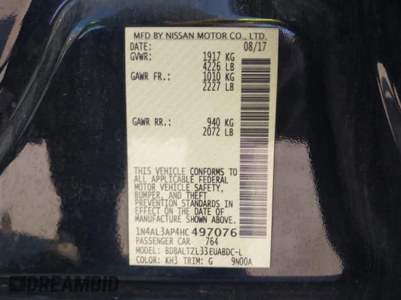 ✅ 2017 Nissan Altima S • VIN: 1N4AL3AP4HC497076 • Lot: 43182931. Listed on IAAI with 102,555 mi. Free auction sales archive from the USA and detailed vehicle history report at DreamBid. Image 9.