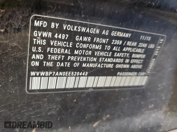 ✅ 2014 Volkswagen CC Sport • VIN: WVWBP7AN0EE520443 • Lot: 62669115. Listed on Copart with 103,585 mi. Free auction sales archive from the USA and detailed vehicle history report at DreamBid. Image 12.