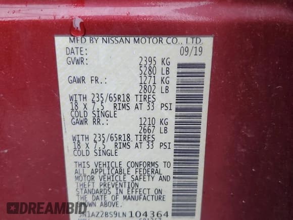 ✅ 2020 Nissan Murano SV • VIN: 5N1AZ2BS9LN104364 • Lot: 90121315. Listed on Copart with 124,454 mi. Free auction sales archive from the USA and detailed vehicle history report at DreamBid. Image 13.