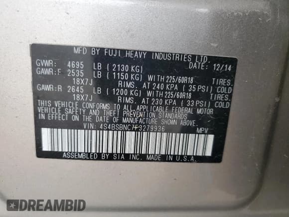 ✅ 2015 Subaru Outback Limited • VIN: 4S4BSBNC7F3279936 • Лот: 82703085. Опубликован ранее на Copart с пробегом 190 483 миль. Бесплатный доступ к архиву аукционных продаж из США и подробный отчёт об истории автомобиля на DreamBid. Изображение 12.