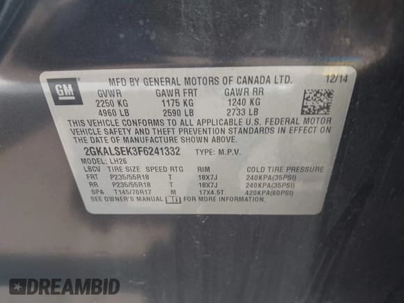 ✅ 2015 GMC Terrain SLT • VIN: 2GKALSEK3F6241332 • Lot: 42368048. Listed on IAAI with 194,461 mi. Free auction sales archive from the USA and detailed vehicle history report at DreamBid. Image 9.