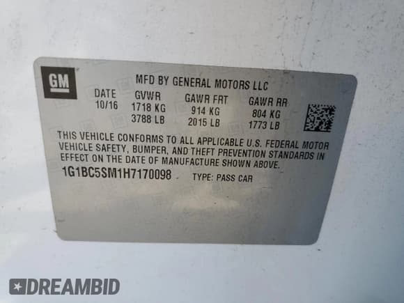 ✅ 2017 Chevrolet Cruze LS • VIN: 1G1BC5SM1H7170098 • Lot: 66615153. Listed on Copart with 94,467 mi. Free auction sales archive from the USA and detailed vehicle history report at DreamBid. Image 13.