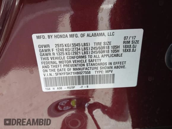 ✅ 2017 Honda Pilot EX-L • VIN: 5FNYF5H71HB027558 • Lot: 41910670. Listed on IAAI with 122,214 mi. Free auction sales archive from the USA and detailed vehicle history report at DreamBid. Image 9.