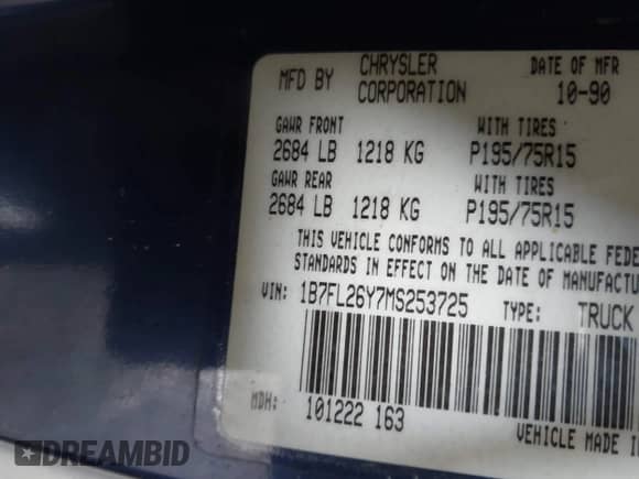 1991 Dodge Dakota with VIN 1B7FL26Y7MS253725, listed as a IAAI auction lot 43037024 with Not provided miles and . Bid and sale history available at DreamBid. Image 9.