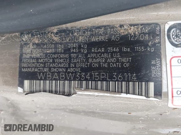 ✅ 2005 BMW 3 Series 325Ci • VIN: WBABW33415PL36114 • Lot: 41494702. Listed on IAAI with 188,456 mi. Free auction sales archive from the USA and detailed vehicle history report at DreamBid. Image 9.