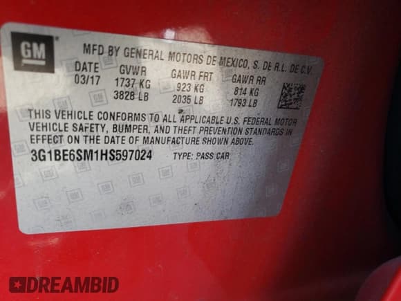 ✅ 2017 Chevrolet Cruze LT • VIN: 3G1BE6SM1HS597024 • Lot: 38096233. Listed on Copart with 94,300 mi. Free auction sales archive from the USA and detailed vehicle history report at DreamBid. Image 12.