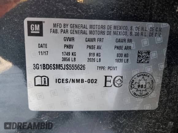 2018 Chevrolet Cruze LT with VIN 3G1BD6SM5JS555626, listed as a Copart auction lot 42378634 with 80,185 mi miles and Salvage title. Bid and sale history available at DreamBid. Image 12.