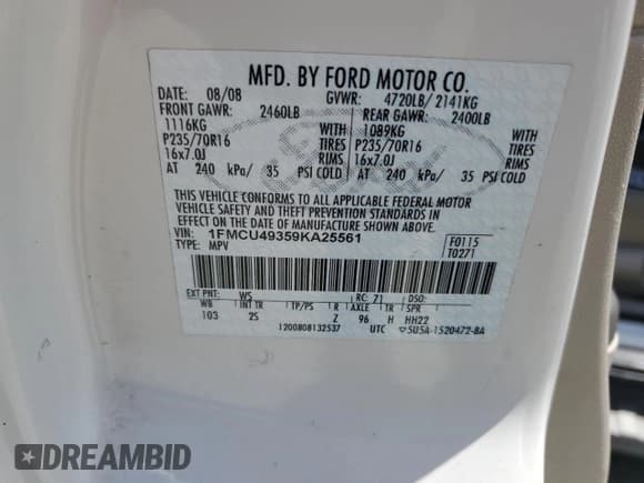 ✅ 2009 Ford Escape Hybrid • VIN: 1FMCU49359KA25561 • Lot: 59199755. Listed on Copart with 100,258 mi. Free auction sales archive from the USA and detailed vehicle history report at DreamBid. Image 13.