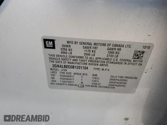 ✅ 2011 Chevrolet Equinox LS • VIN: 2GNALBEC6B1201104 • Лот: 68741924. Опубликован ранее на Copart с пробегом Не указан. Бесплатный доступ к архиву аукционных продаж из США и подробный отчёт об истории автомобиля на DreamBid. Изображение 13.