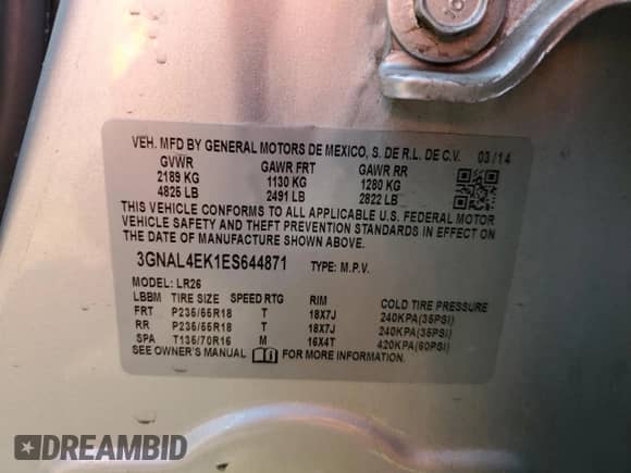 2014 Chevrolet Captiva Sport LTZ с VIN 3GNAL4EK1ES644871, выставлен на аукционе Copart как лот 49203333 с пробегом 106 879 миль миль и Списание • Salvage title. История ставок и продаж доступна на DreamBid. Изображение 13.